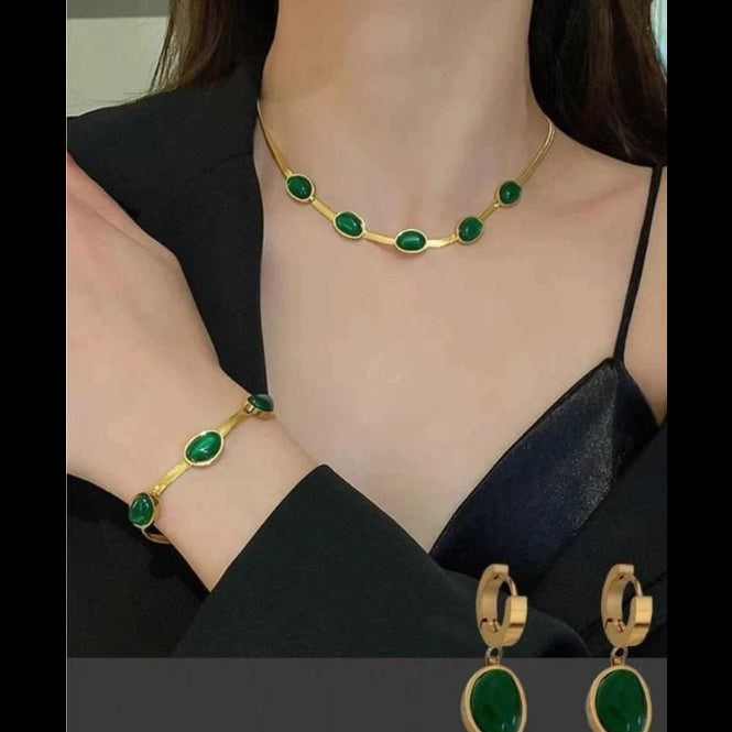 Oval Green Crystal Pendant Necklace Set With Bracelet
